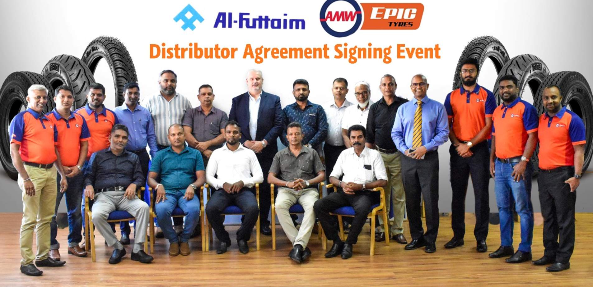 The AMW Epic Tyres Team in attendance at the signing event, along with Mr. Virann De Zoysa, Director Manufacturing, sharing insightful words and Mr. Andre Bonthuys, Group Managing Director, addressing the enthusiastic gathering.
